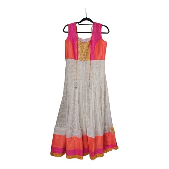 Women's Pink Orange White Embroidered Long Anarkani - Picture 2 of 8